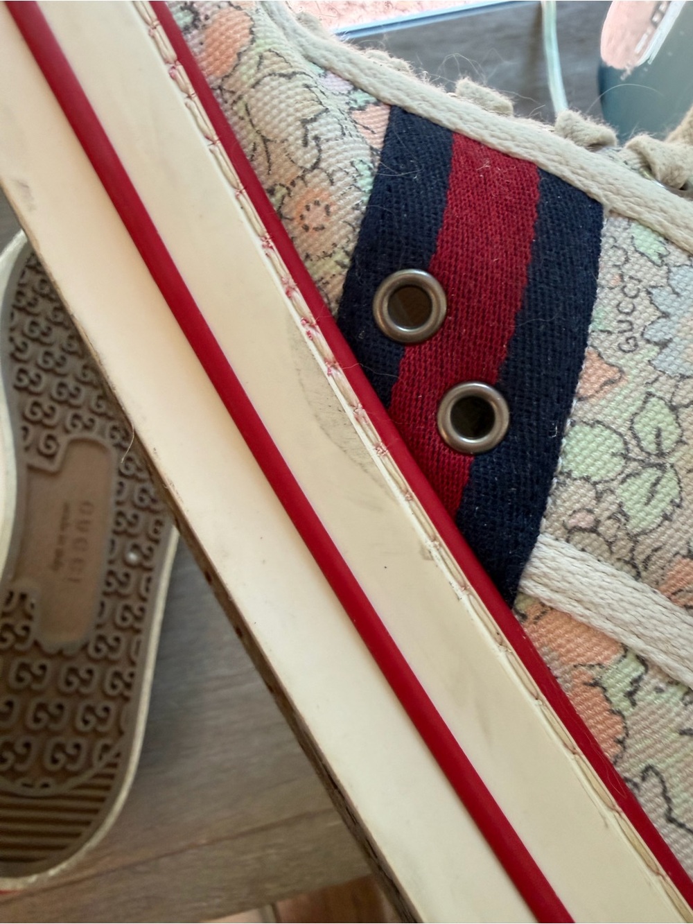 Gucci Floral Canvas Sneakers in Pink, Green and Red-Blue Stripe - Picture 7 of 8